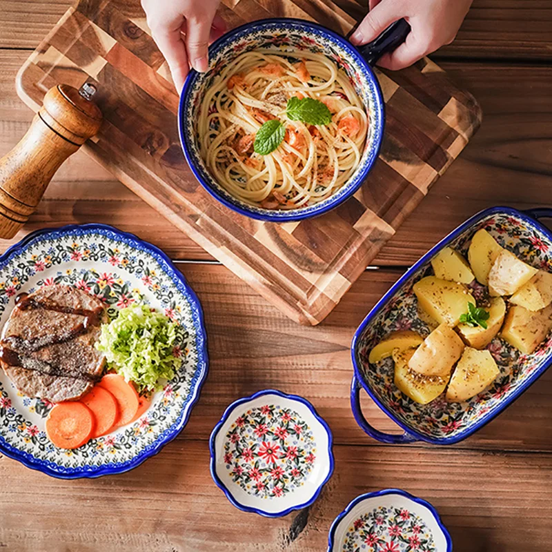 セラミック麺スープボウル食器フルーツサラダプレート手塗装食器レトロ耐熱皿バイノーラルベーキングパンキッチン食器