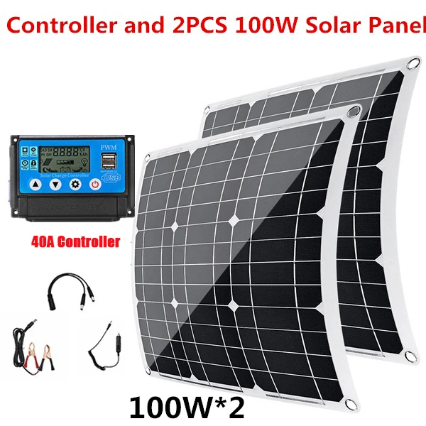 

100W*2 Solar Panel Kit 40A Controller Portable Battery Charger 18V Power Bank Board Car Charger For Outdoor Camping Yacht Lights