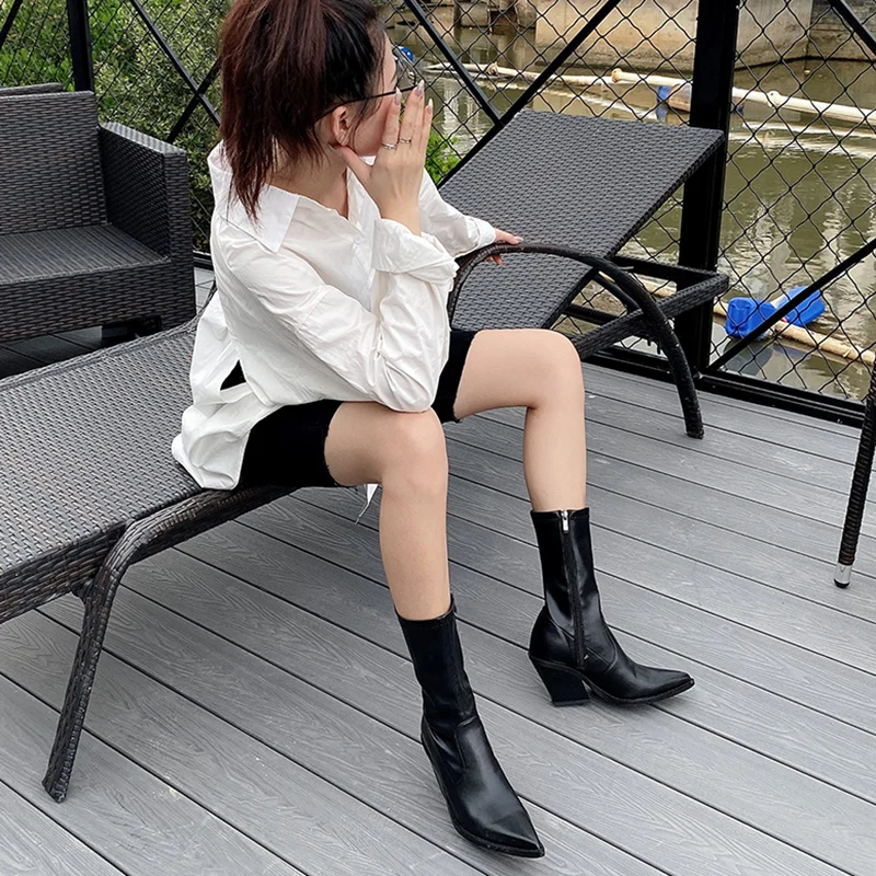 Nowe botki kobiety Pointed Toe grube szpilki boczne Zip skarpety buty elastyczne rycerz buty Party buty kobiety Botas de mujer
