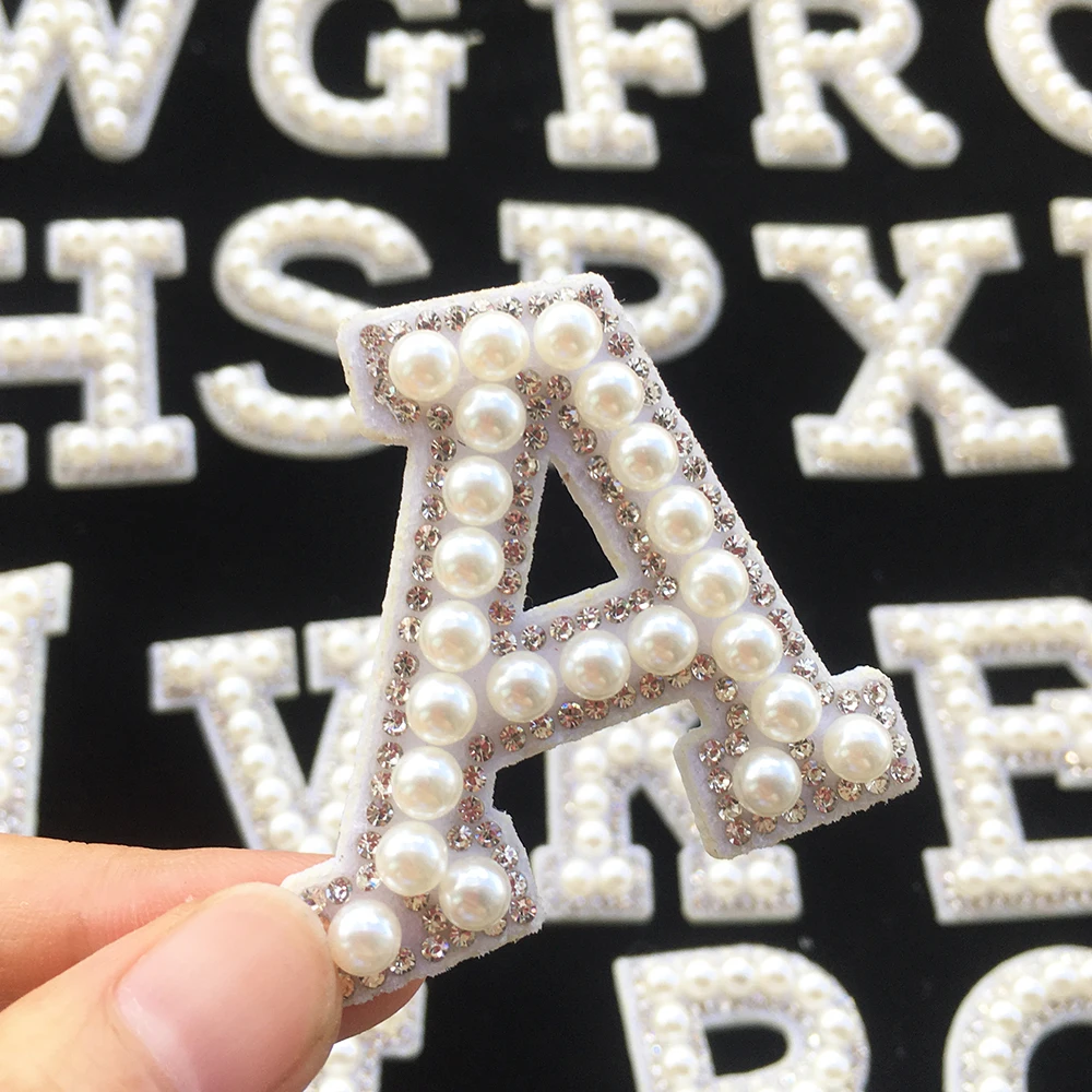 26Pcs 3D White Bottom Pearl Letter Patches English Alphabet Rhinestone Applique for Clothes Iron on Stripe Badge DIY Name
