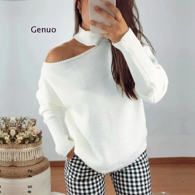 Sexy Women Aurumn Winter Warm Sweaters Hollow Out Design Halter High Collar Long Sleeve Solid Color Casual Loose Knitted Top