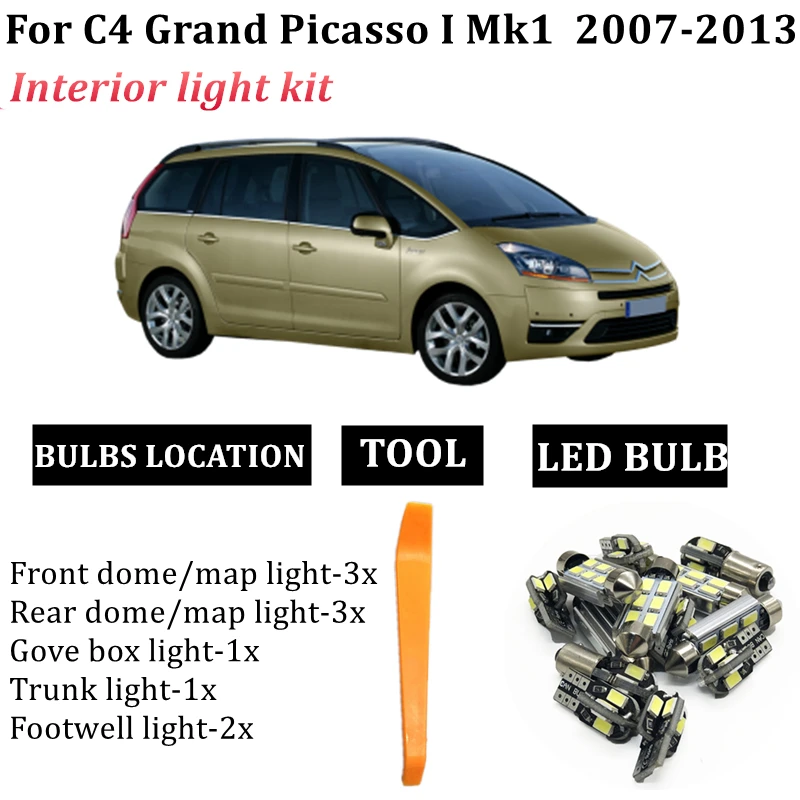 

12x Canbus Bulb Car LED Interior Light Package Kit Fit For 2007-2013 Citroen C4 Grand Picasso I Mk1 Cargo Glove Box Lamp