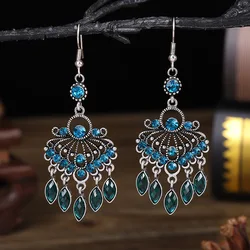 Ethnic Boho Vintage Drop Earrings For Women Geometric Hollow Crystal Blue Red Green Black Dangle Bohemian Wedding Earings Bijoux