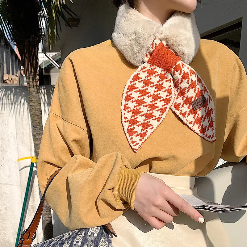 2020 Winter Scarf for Women Wool and Rabit Fur Bandana Knitted Plaid Pied De Poule Warm Collar Luxury Female Neck Wraps
