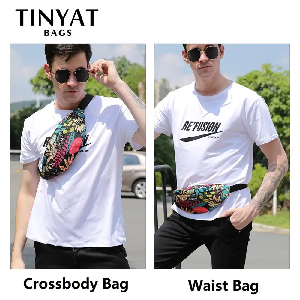 TINYAT Print Leaf Travel Waist Bag for Men and Women Fashion Casual Shoulder Bag Man Belt Pouch Female Banana Fanny Bag