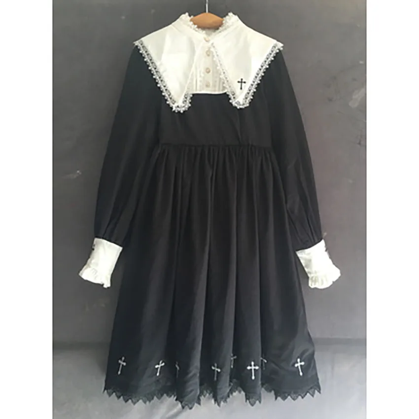 Gothic OP Vestito per Le Donne Lolita Nero Croce Emboridery Navy Collare Giapponese Kawaii Ragazze Festa di Carnevale della Corte di Stile Della