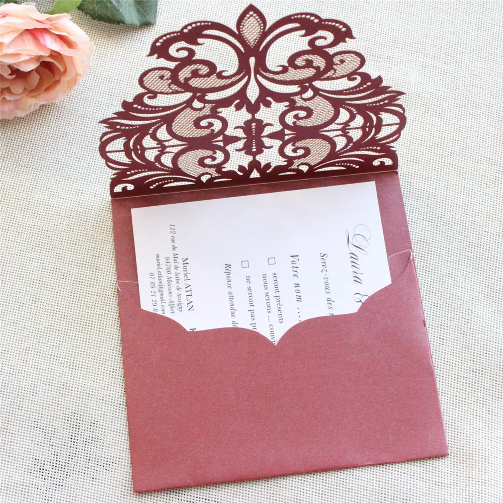 Burgundy Paper Invitation Pocket Floral Laser Cutting Customized Printing Multi colors 50 Sets