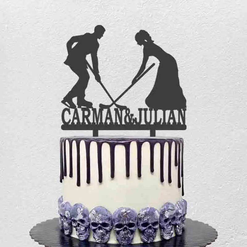 Customized Ice Hockey Player Cake Topper Personalized Couples Name Bride and Groom Playing Ice Hockey Silhouette Wedding Topper