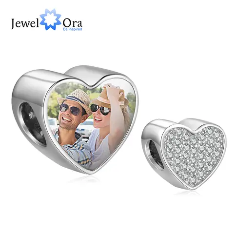 Custom Photo Beads Fit Bracelets Personalized Full Cubic Zirconia Paved Heart Charms for Girls DIY Jewelry (JewelOra AS101982)