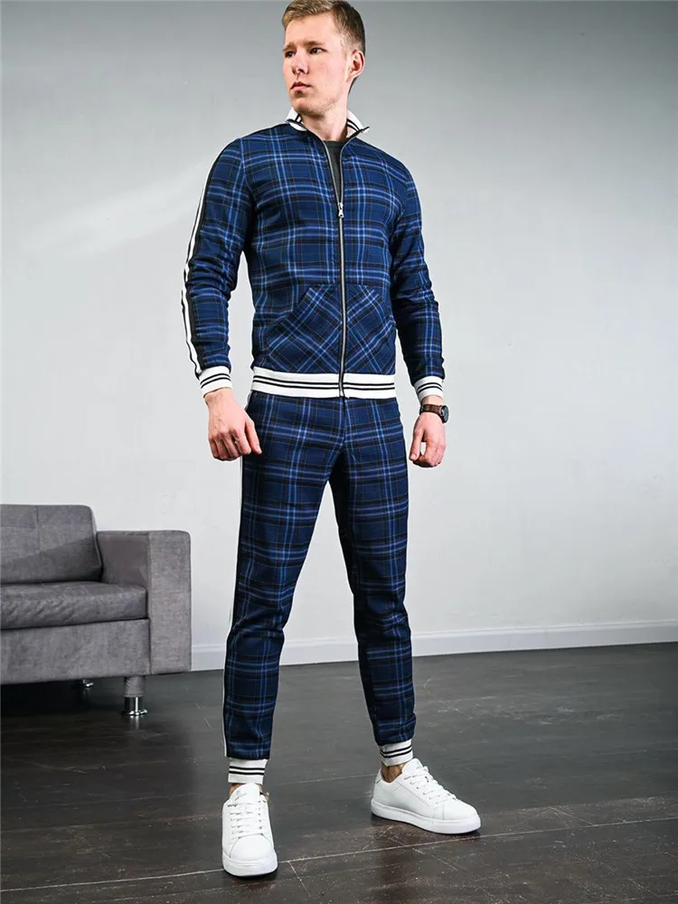 Men Spring And Autumn Large Casual Fashion Joker Checkered Sportwear Pants Zipper Lapel Cardigan Jacket Two Sets