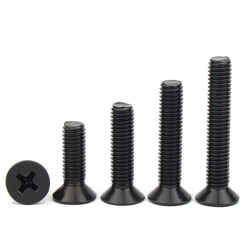 100pcs/lot  M1 M1.2 M1.4 M1.6 M1.7 M2 M2.5 M3 M3.5 M4 M5 KM Mini Small Black Steel KM Phillips Flat Countersunk Head Screw Bolt