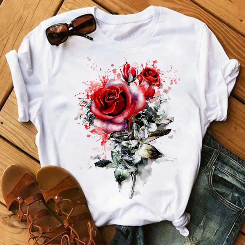 Women T-shirt Short-sleeved Rose Dandelion Print Flower Tops Summer Casual Ladies Harajuku Plus Size Graphic Woman T Shirt