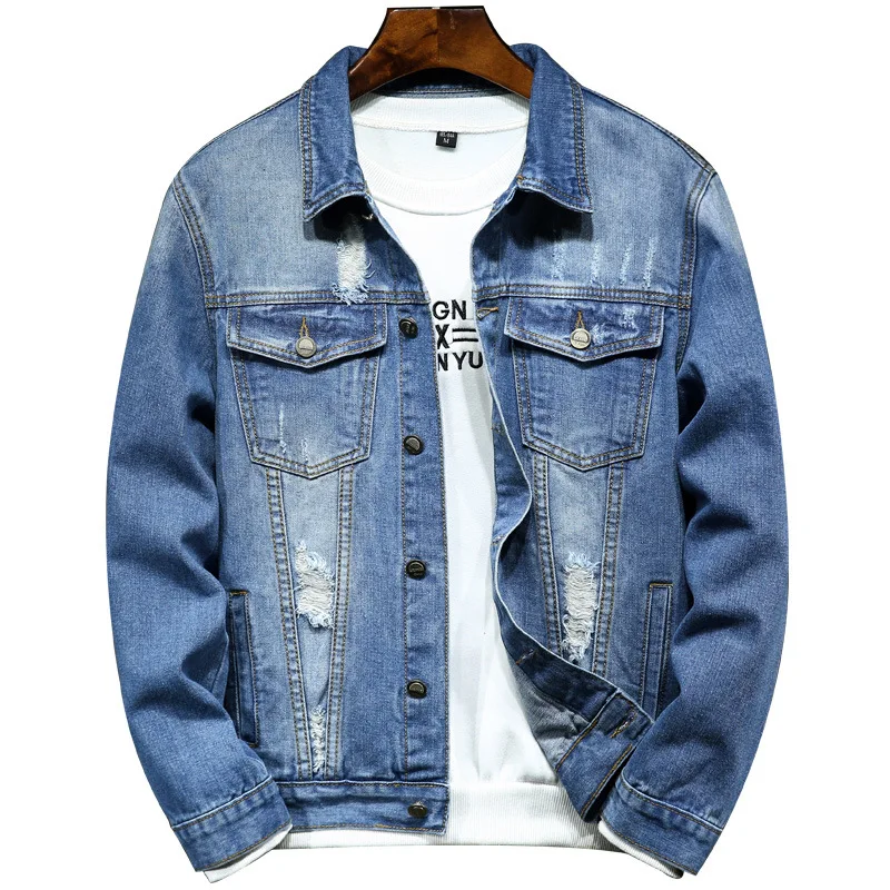 

Casual Mens Classic Distressed Blue Denim Jacket Ripped Hole Fashion Slim Fit Coat Autumn Outwear Drop Shipping