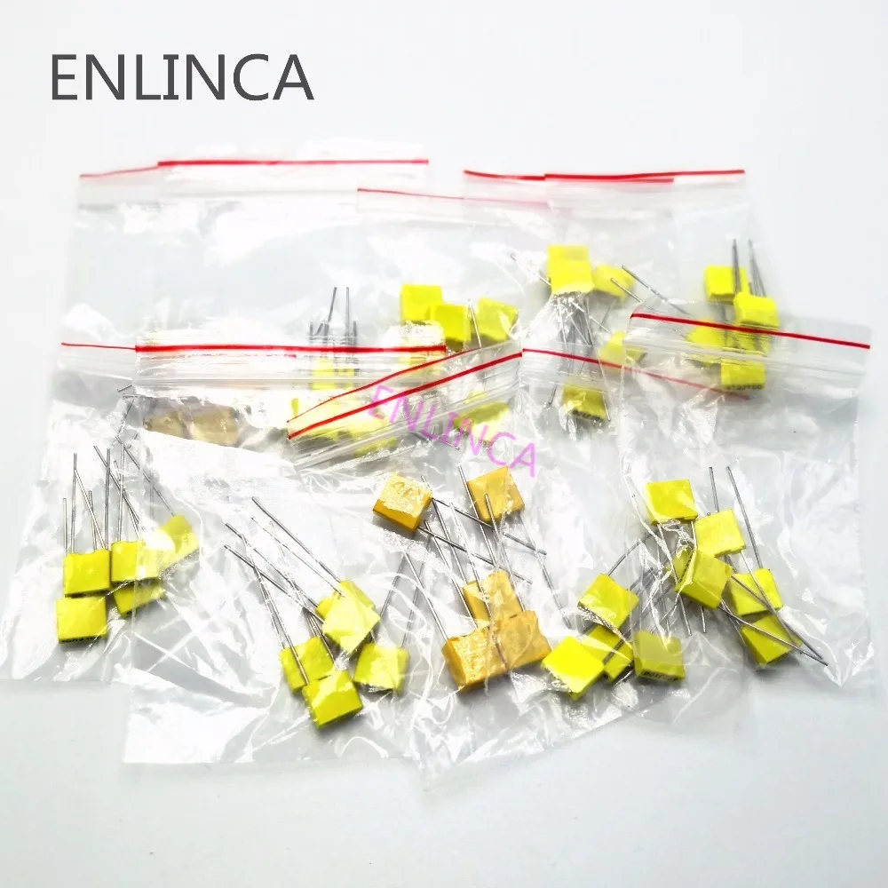 50Pieces Polypropylene Safety Plastic Film Correction Capacitor kit 1nF-0.47uF Component set 10 Values 100V 102J 474J 152J