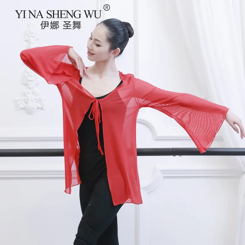 Women Chinese Folk Dance Wear Sexy Transparent Mesh Blouse Classical Dance Top With Long Flared Sleeve Solid Color Loose 2XL New