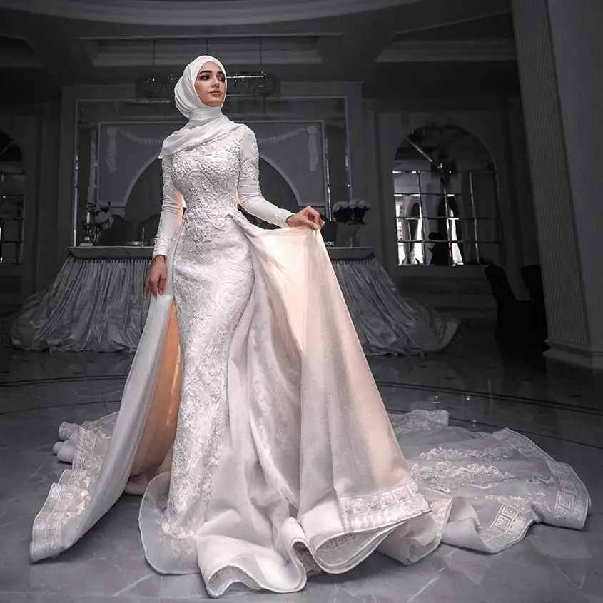 Mermaid Lace Muslim Wedding Dresses With Detachable Train 2022 long sleeve applique arabic middle east hijab bridal dress mariée