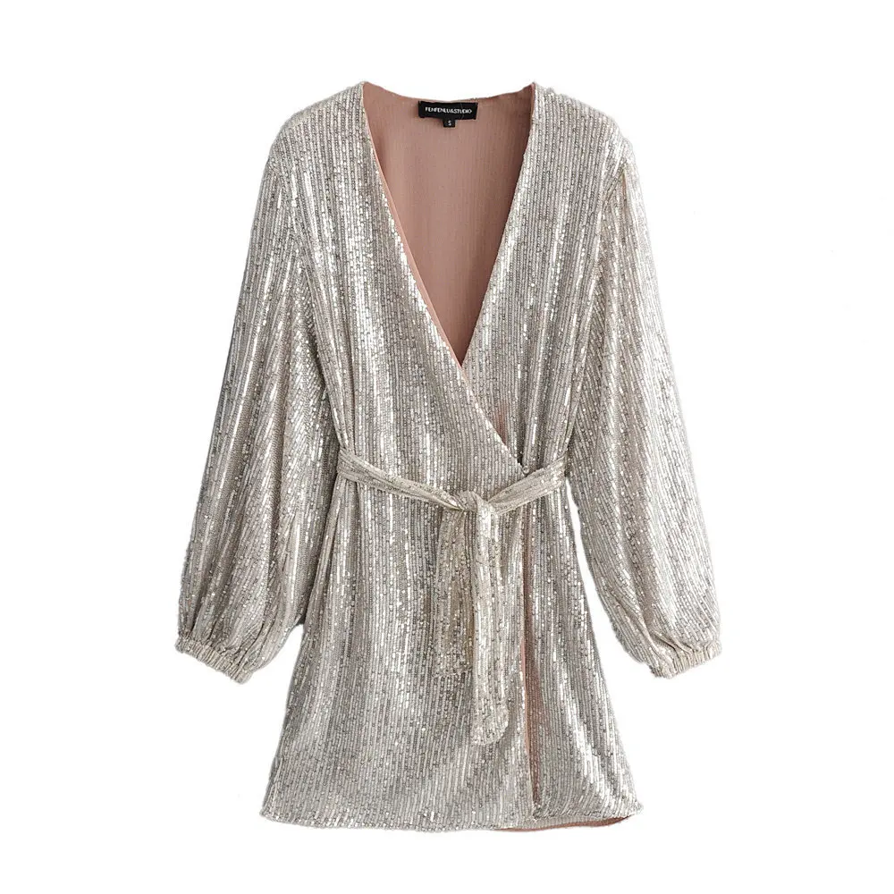 BE HYGGE Shining Sequined Prose Silver Wrap Dress Women Sexy Club Evening Party Wear Dress Long Sleeve Female Short Dresses