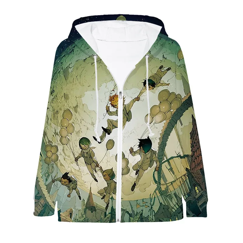 Sudadera con capucha con cremallera de The Promised Neverland para hombre y mujer, chaqueta cárdigan informal holgada y cálida de poliéster con