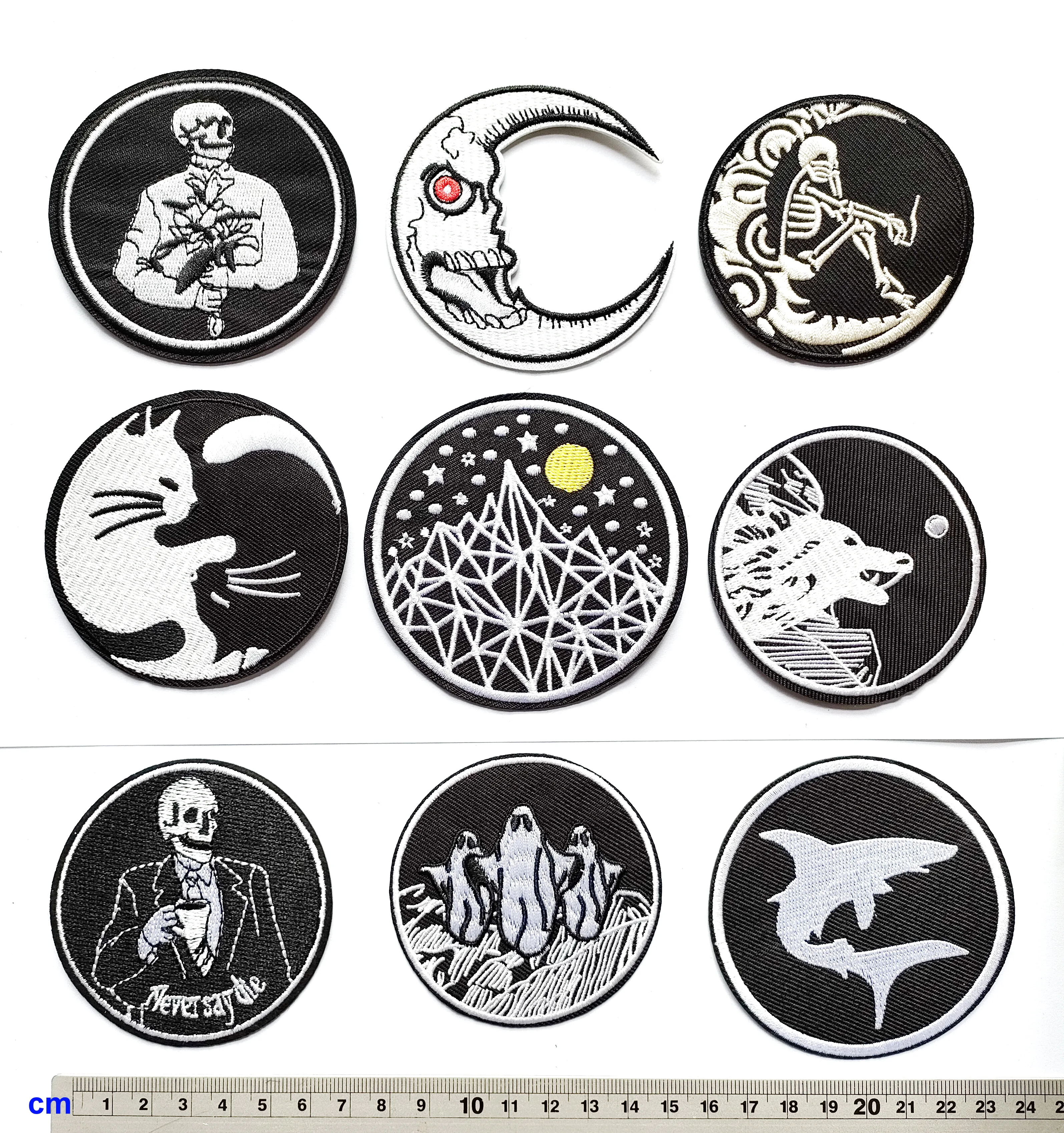 

(9 pack) Punk Art Skull Skeleton Death Moon Cat Shark Mountain Penguin Leopard Biker Iron On Patches ,Applique, 100% Quality