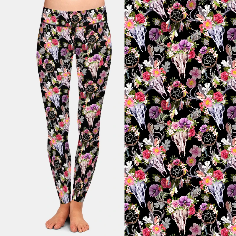 LETSFIND – Leggings de Fitness taille haute pour femme, Leggings à la mode, imprimé tête de mort avec fleurs et attrape-rêves, en 3D