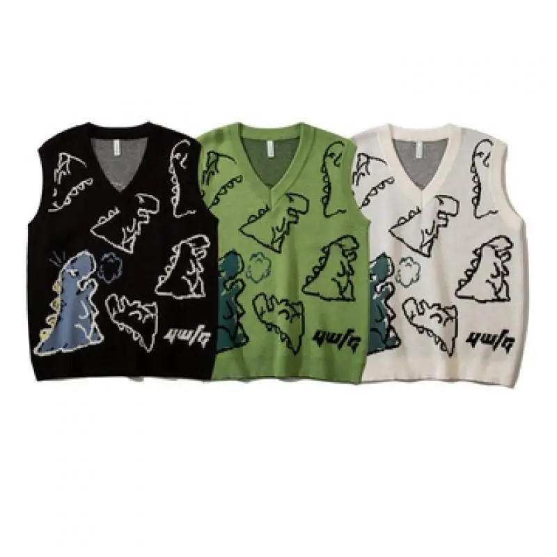 Sweater and Vest Men Harajuku Knitted Hip Hop Streetwear Dinosaur Cartoon Pullover O-Neck Oversize Casual Couple Male Sweaters