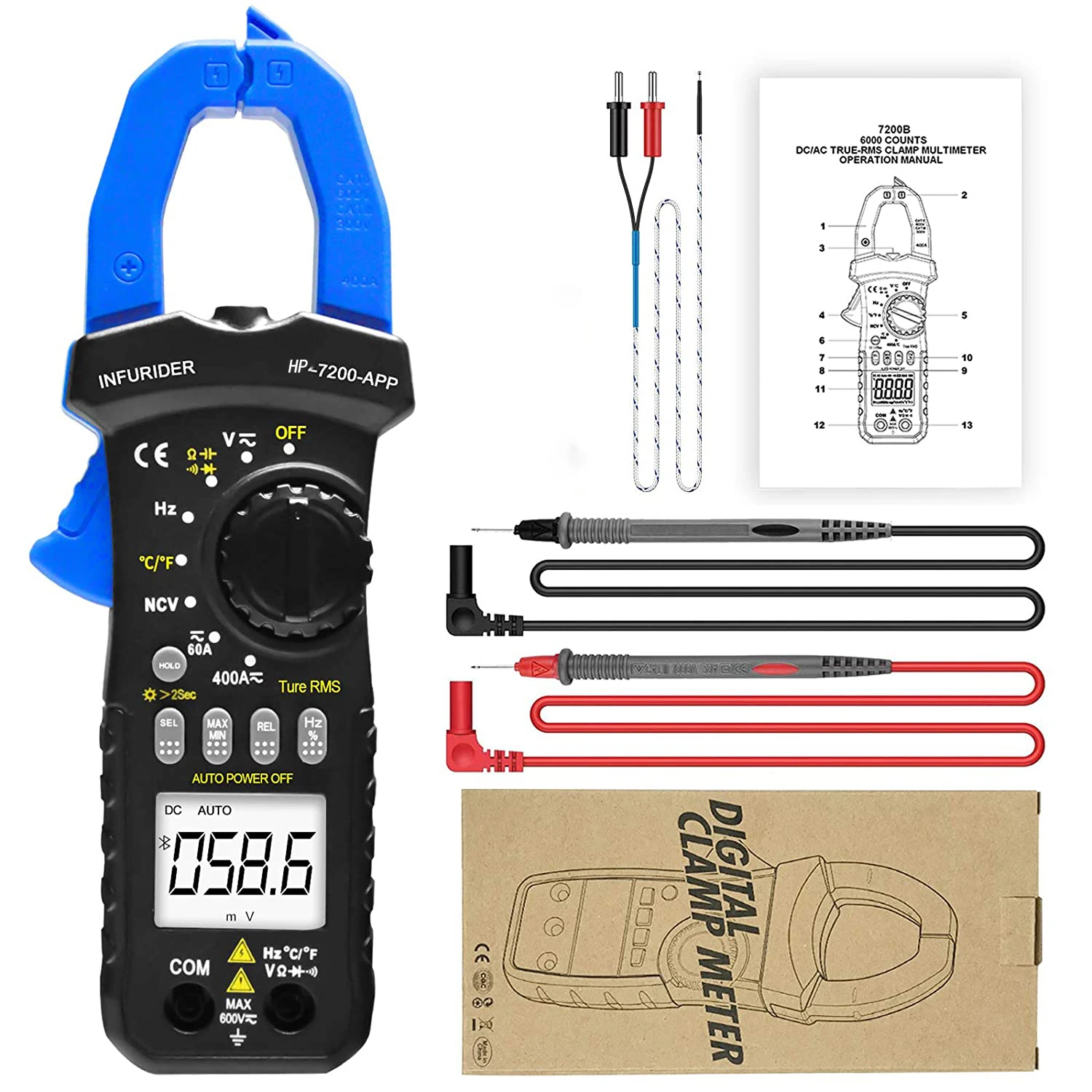 Wireless Bluetooth Clamp Meter HP-7200APP 6000 Count Auto Range Bluetooth Clamp MultimeterDC/AC True RMS Continuity Buzzer Meter