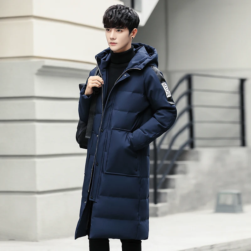 Men Long down jacket male youth winter men handsome coat simple street style trend white warm coat brand fashion casual hooded