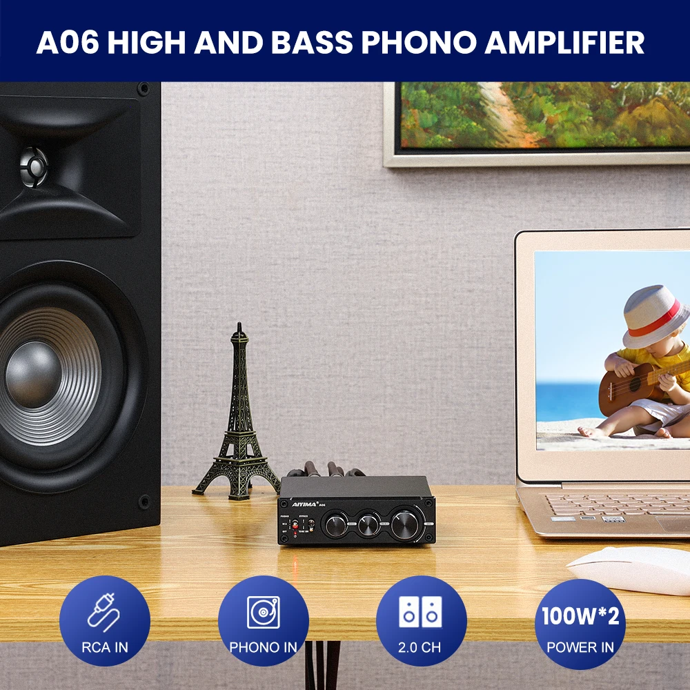AIYIMA-AMPLIFICADOR DE Audio A06 MM/MC Phono, TPA3221, 100Wx2, estéreo, HiFi, para tocadiscos, fonógrafo, preamplificador de graves agudos