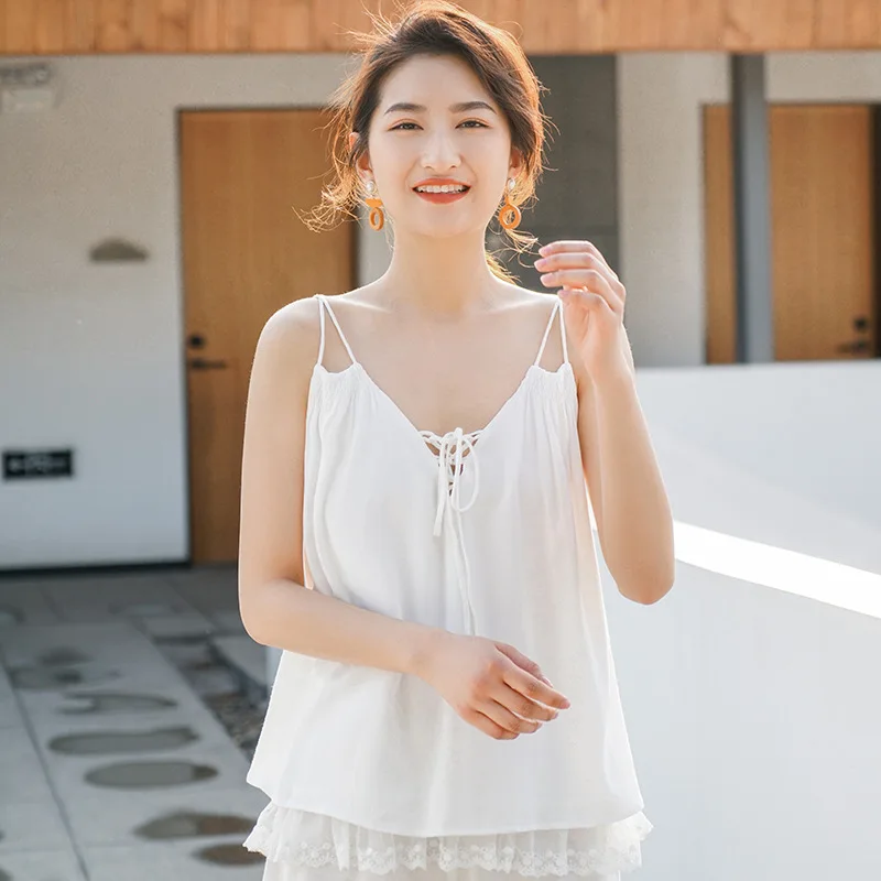 

Summer Pajamas Women's Cotton and Linen Pijamas Women Sleeveless Spaghetti Strap Thin Sexy Lace Shorts Pijama Mujer Sleepwear