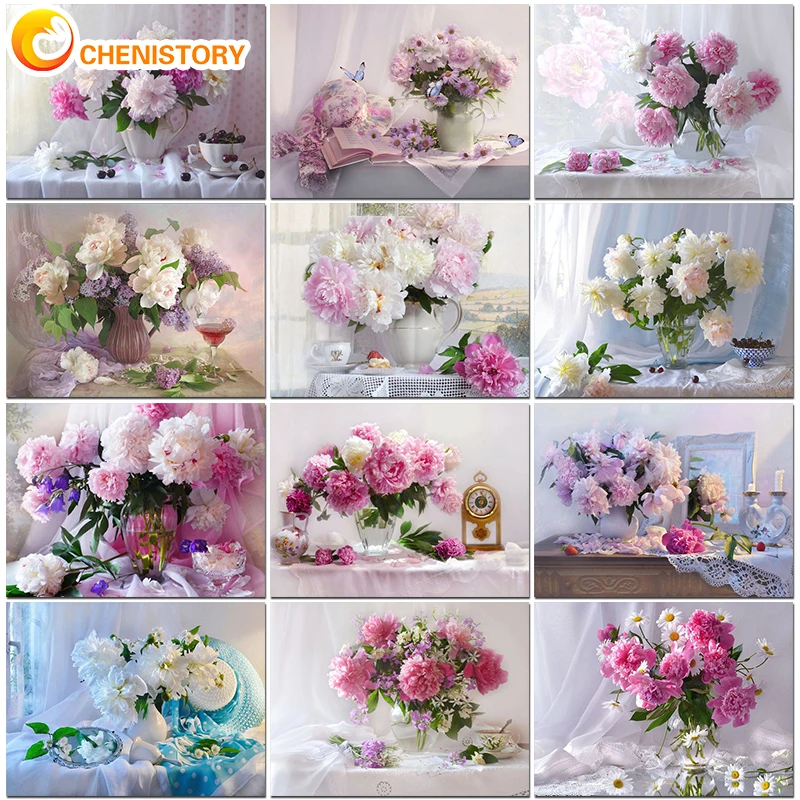 

CHENISTORY Painting By Number Pink Flowers Drawing On Canvas HandPainted Paintings Art Gift DIY Pictures By Numbers Home Decor