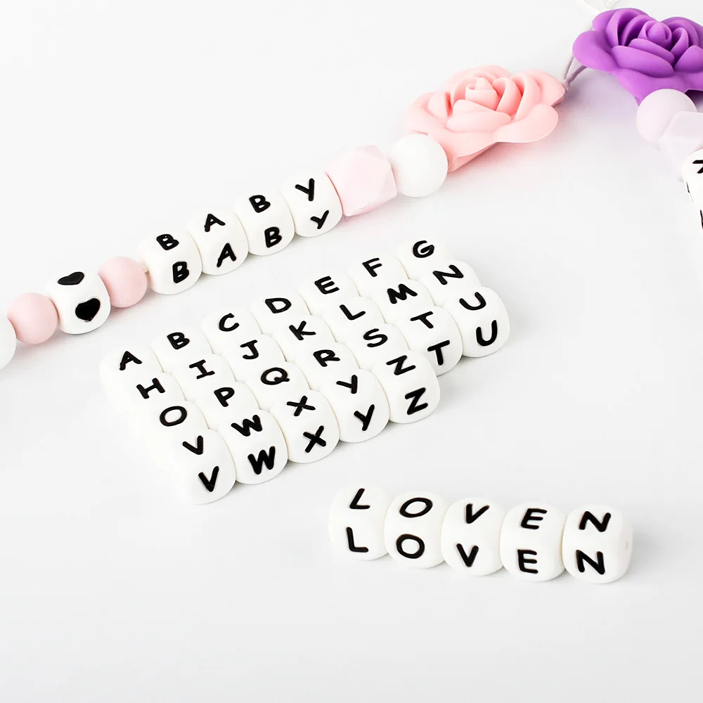 10pcs 12MM Silicone Letters Beads Baby Teething Teethers English Alphabet Letter Bead BPA Free Baby Chew Nursing Shower Gifts