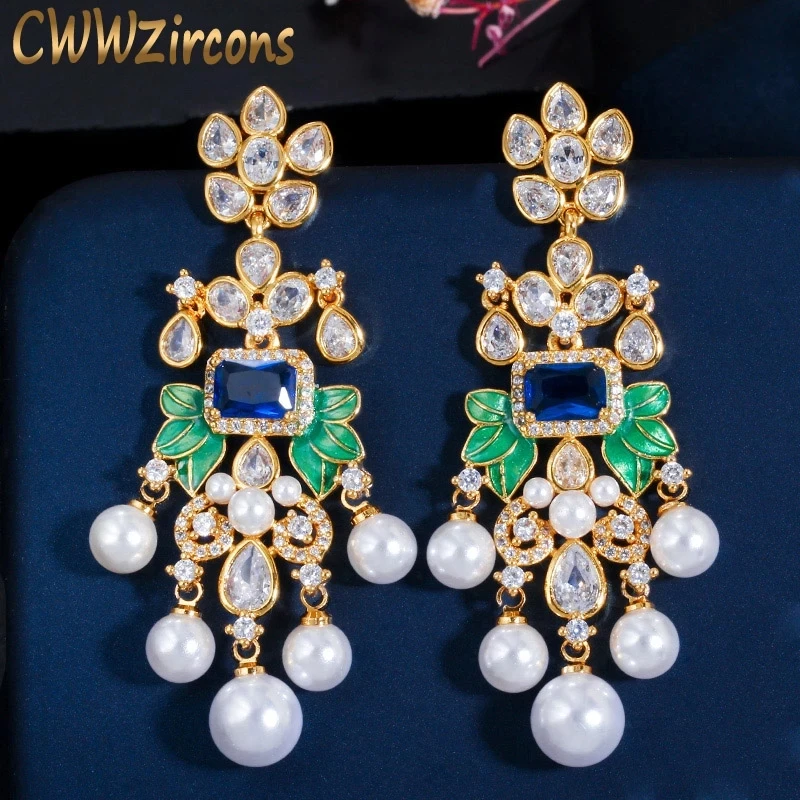 CWWZircons kwiaty Cubic cyrkon CZ długie zwisają kolczyki dla kobiet afrykańskie kolczyki ślubne aretes de mujer modernos CZ656