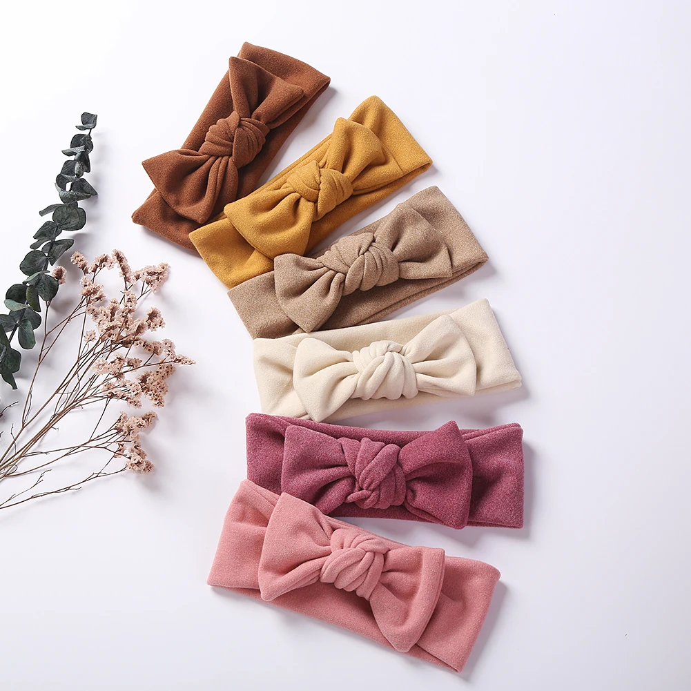 Solid Faux Cashmere Baby Headband Infant Boys Girls Winter Autumn Elastic Hair Bands Bow Knot Turban Headwraps Warm Headwear