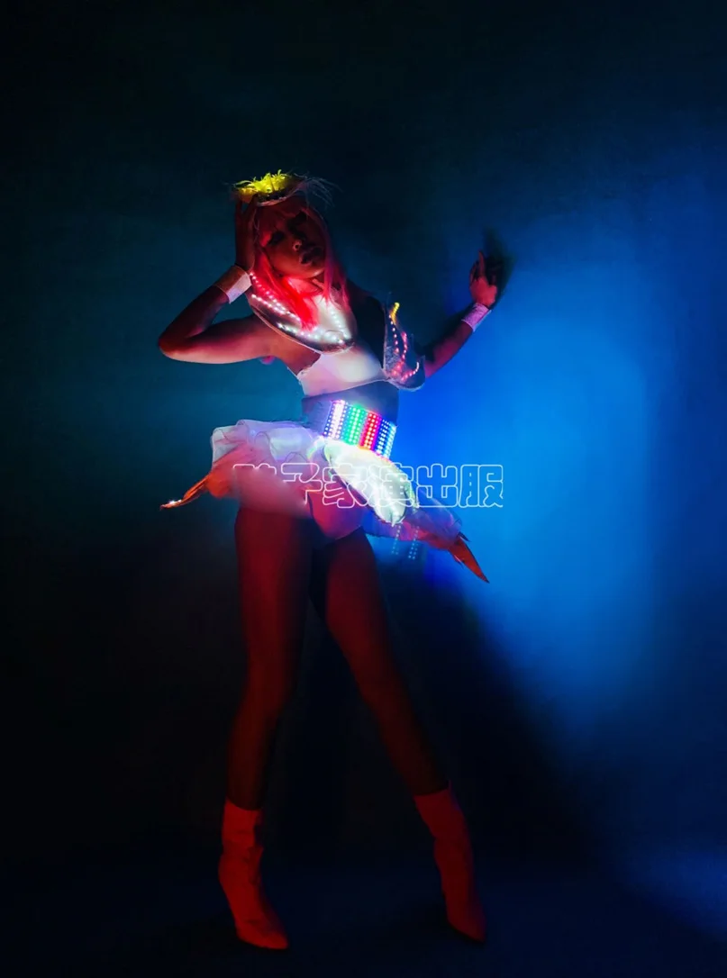 Festive white  technology LED light armor leaf skirt opening tour paradise costume party girl stage dance performance wear