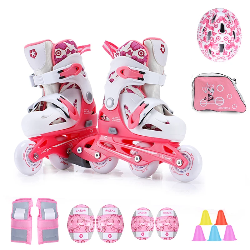 One Line Roller Skates for 3~10 years old Kids Inline Skate Roller Skating Shoes Helmet Knee Protector Gear Adjustable