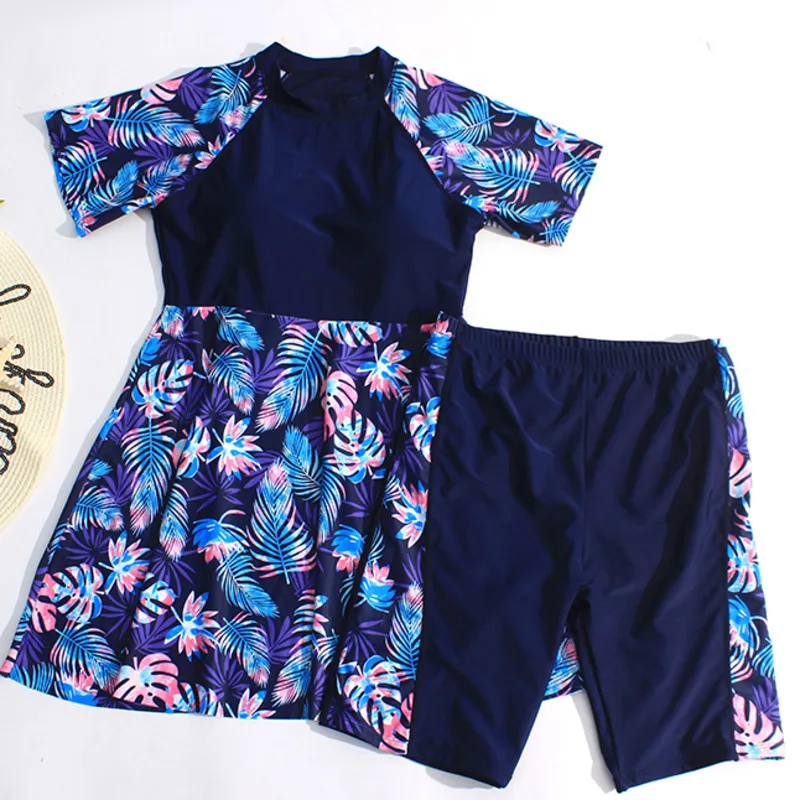 2022 Plus Size Swimsuit Swimdress with Shorts for Women Leaves Print Tummy Contrl Swimwear Skirt Big Bathing Suit Tankini Set