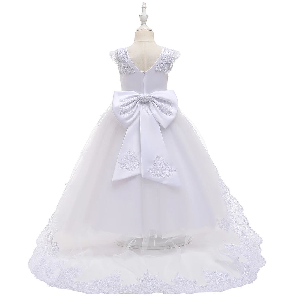 White Bridesmaid Dresses For Girls Kids Wedding Evening Gown Lace Bow Flower Girl Birthday Party Dress Children Prom Clothes