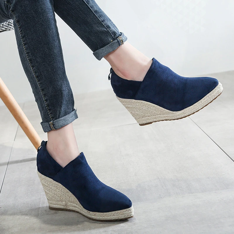 Brand Wedges Women Shoes Flock Platform Ankle Boots Pointed Toe Casual High Heels Weaving Fashion Shoes Female zapatillas mujer