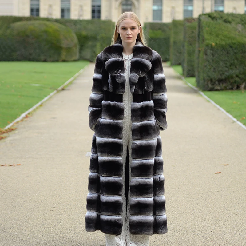 Ftangaiur New Winter Import Chinchilla Coat Turn-Down Collar Full Sleeve Loss Women Real Natural Color Chinchilla Fur Coats