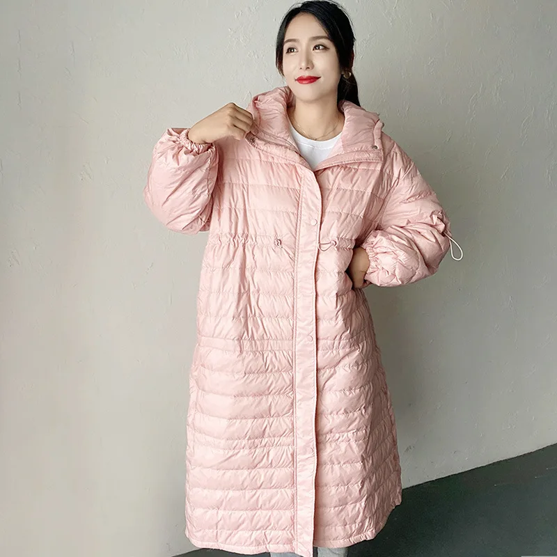 Women down jacket long loose white duck down 120kg large size fat lady hooded light 2021 new pregnant mother women\'s warm coat