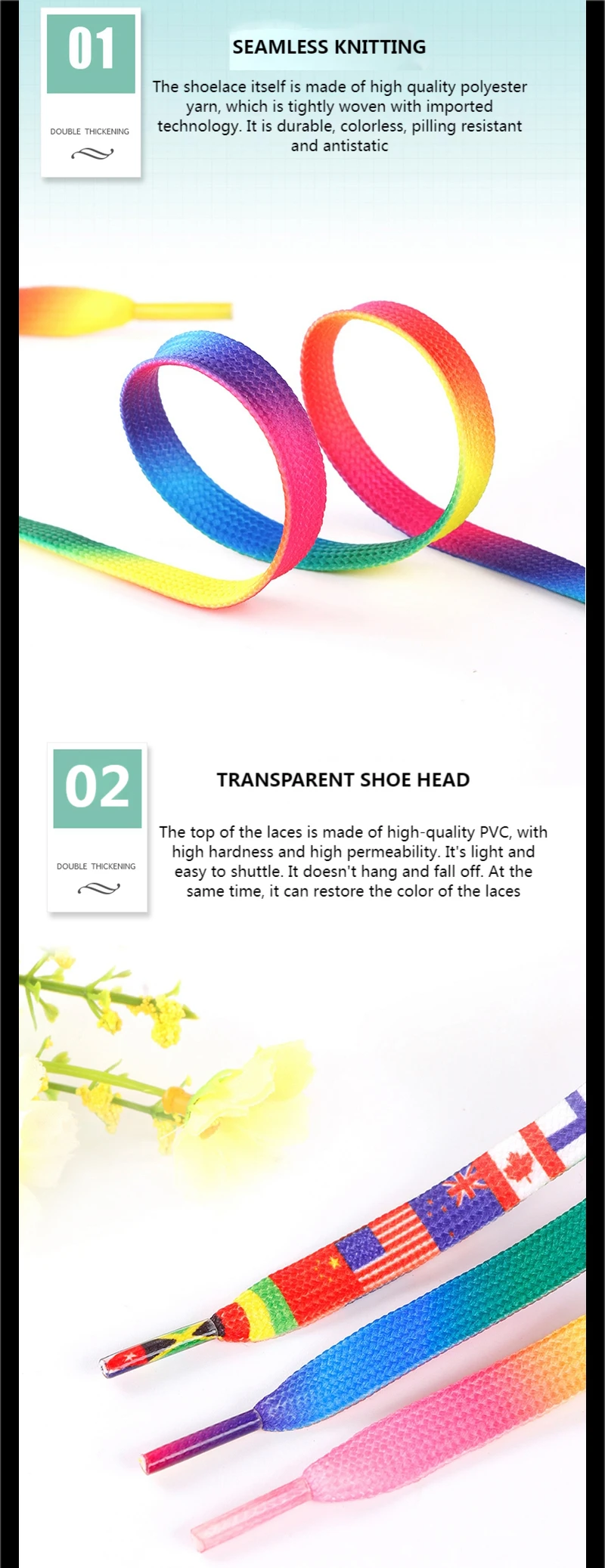 Flache Schnürsenkel, Regenbogenfarben, für Freizeit- und Canvas-Schuhe, bunte Schnürsenkel mit Farbverlauf, passend für alle, Unisex, neu, 1 Paar. – Detail 3