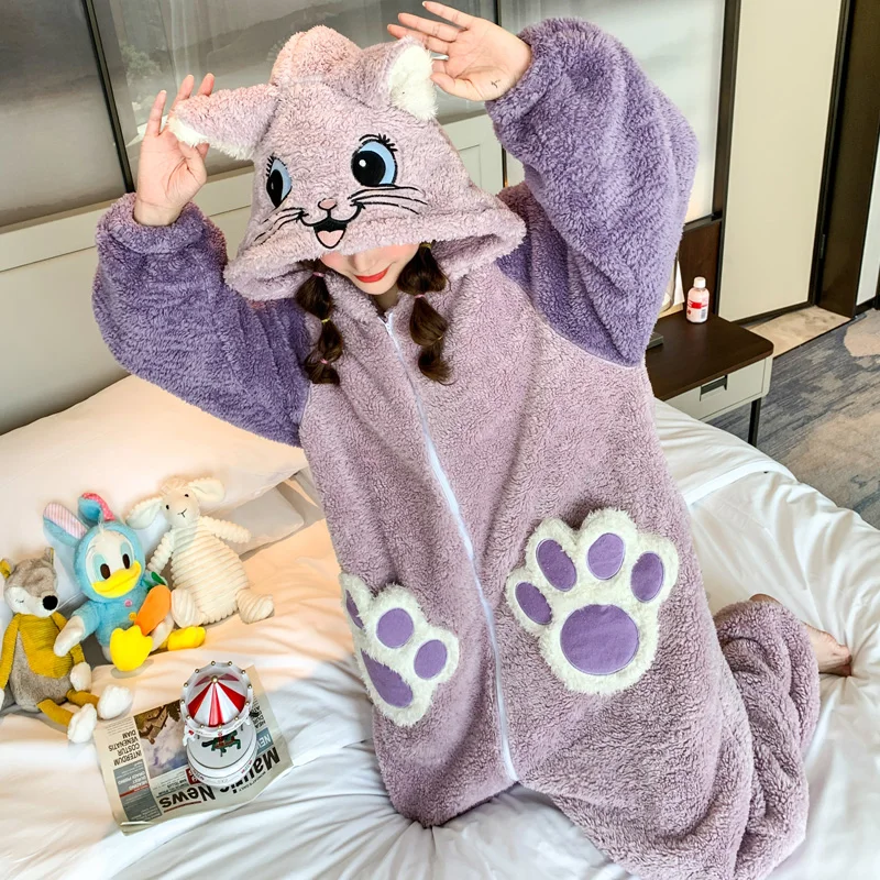 Women Sleepwear Plush Winter Pajamas Fashion Home Wear Cartoon Hooded Coral Velvet Nightgown Plus Size Flannel Nighty Add Fleece