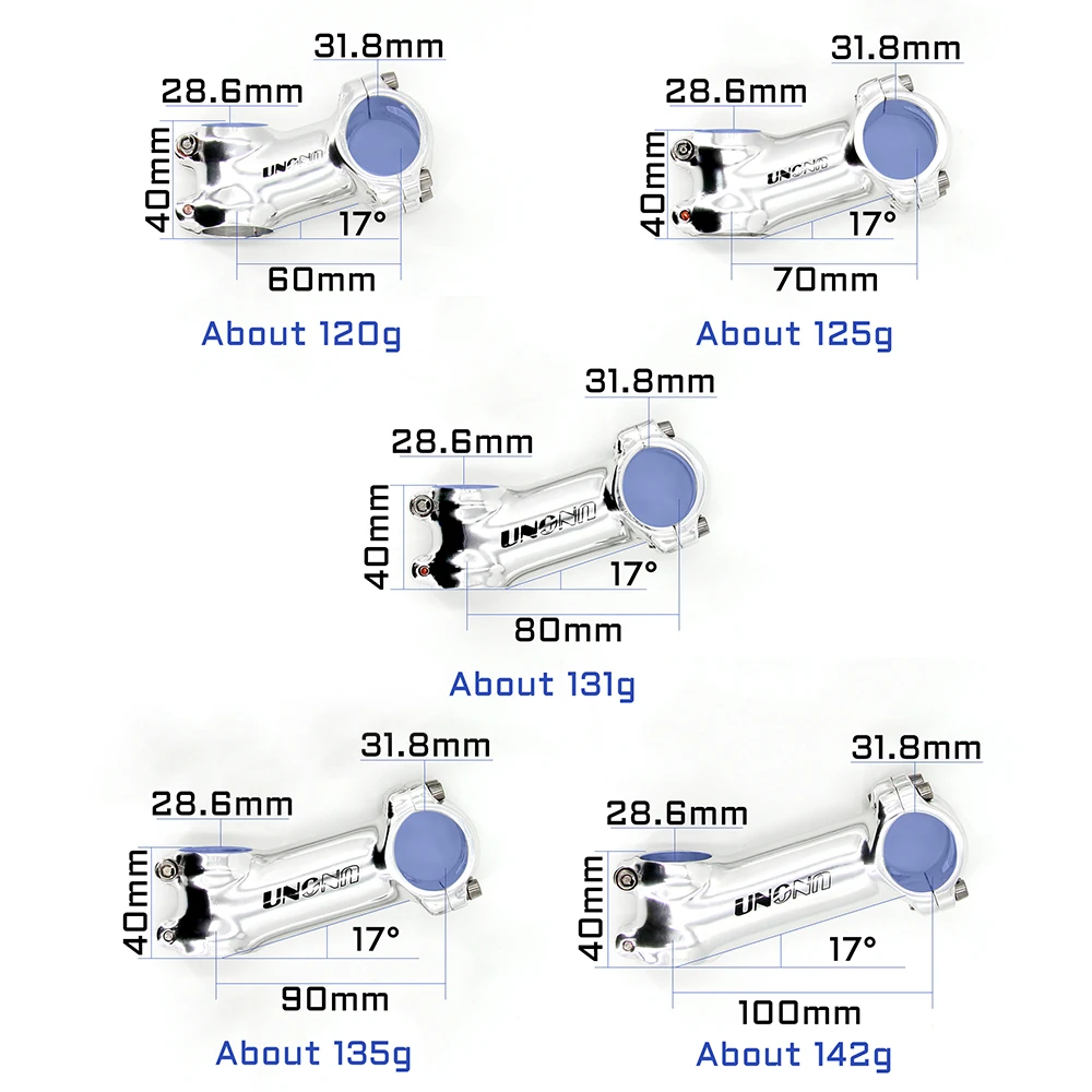 UNO Road Bike Stem 17 Degree MTB Stem 31.8x 60-100mm Silver Bicycle Stem Riser Extender Bicycle Accessories Handlebar Stem