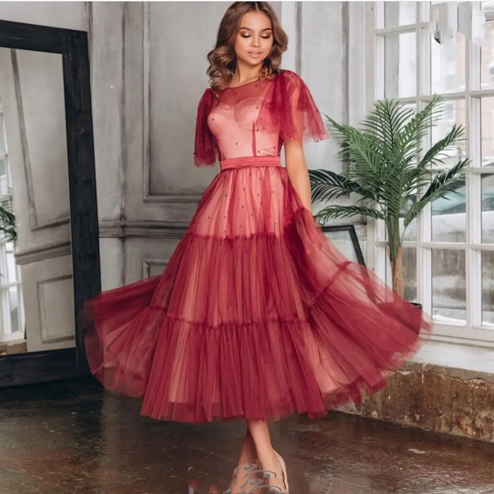 Evening Dress Short Burgundy 2021 A-Line Sexy Ankle length Batwing Sleeve  Pleat Tulle Custom Made Formal Party Gowns Brilliant