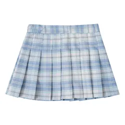 Girls Pleated Skirt Elastic Waist Plaid A-line Skirts with Lining Shorts School Uniform Anti-emptied All-match Mini Grid Skirt