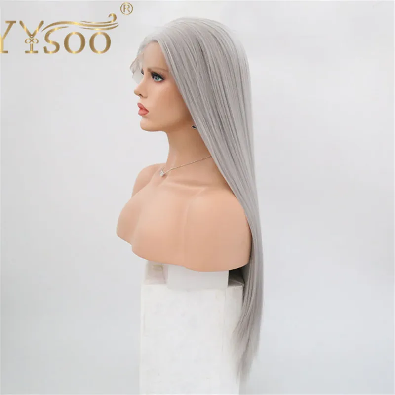 YYsoo สีเทาสังเคราะห์ Wigs สำหรับผู้หญิง13X4ยาวตรงที่สมจริงยาวตรงความร้อนทนวิกผมสังเคราะห์