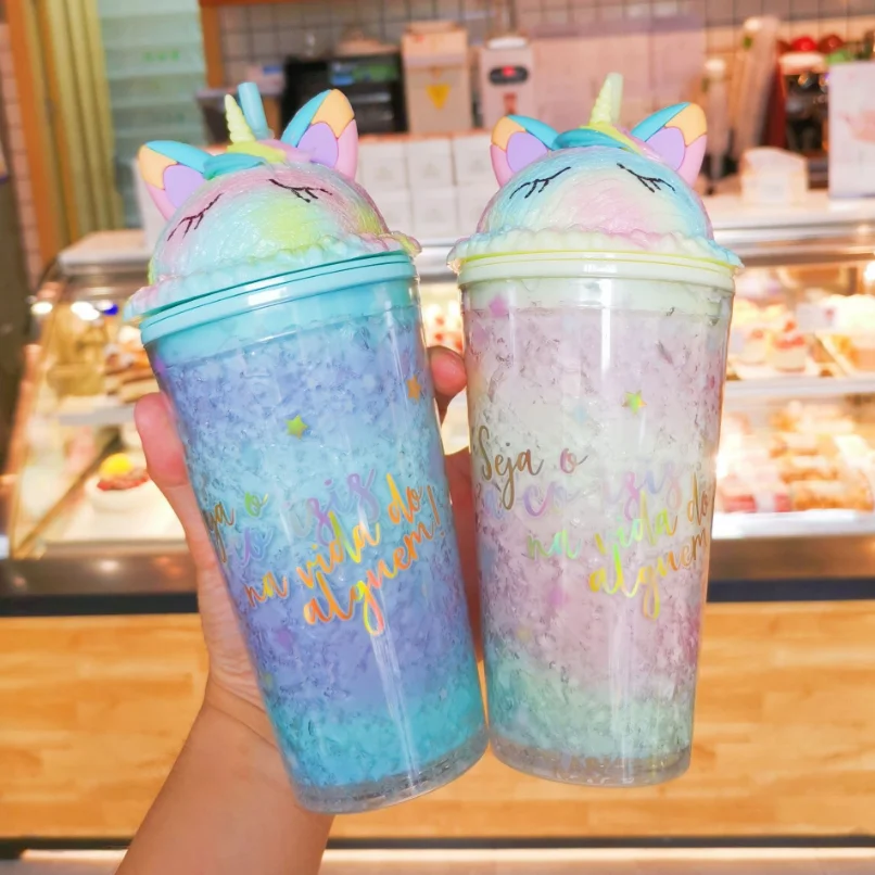 Cute Water Bottle Unicorn Plastic Water Bottle With Straw Korean Style Cute Summer Cool Broken Ice Cup for Milk Coffee Tea Cup
