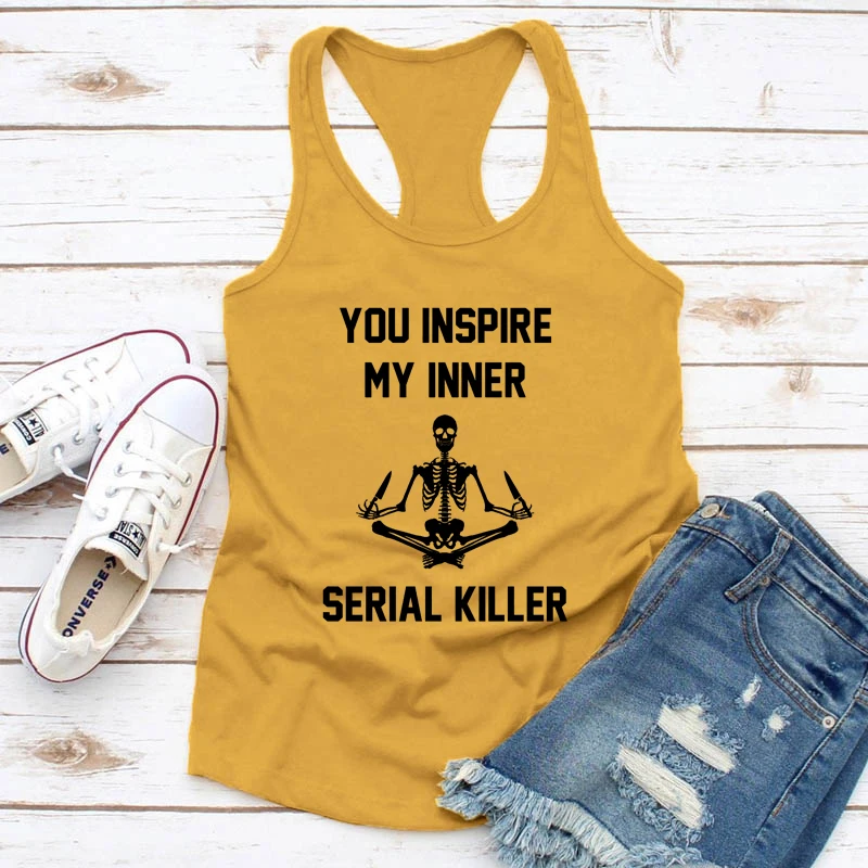 You Inspire My Inner Serial Killer Tank Funny Women Sleeveless Meditating Skeleton Yoga Tops