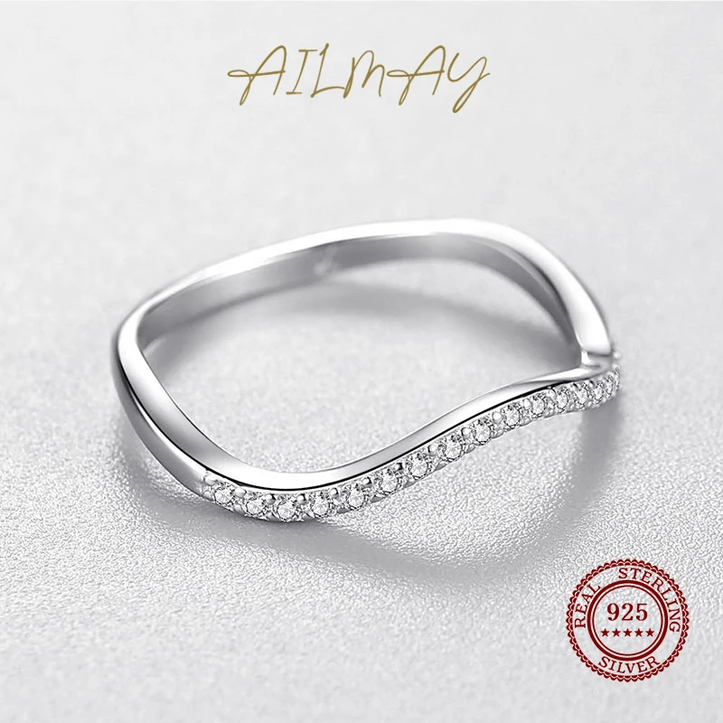 Ailmay Fashion Wave Ring Genuine 925 Sterling Silver Geometri Stackable Clear CZ Rings For Women Girls Party Akcesoria Biżuteria — zdjęcie 4