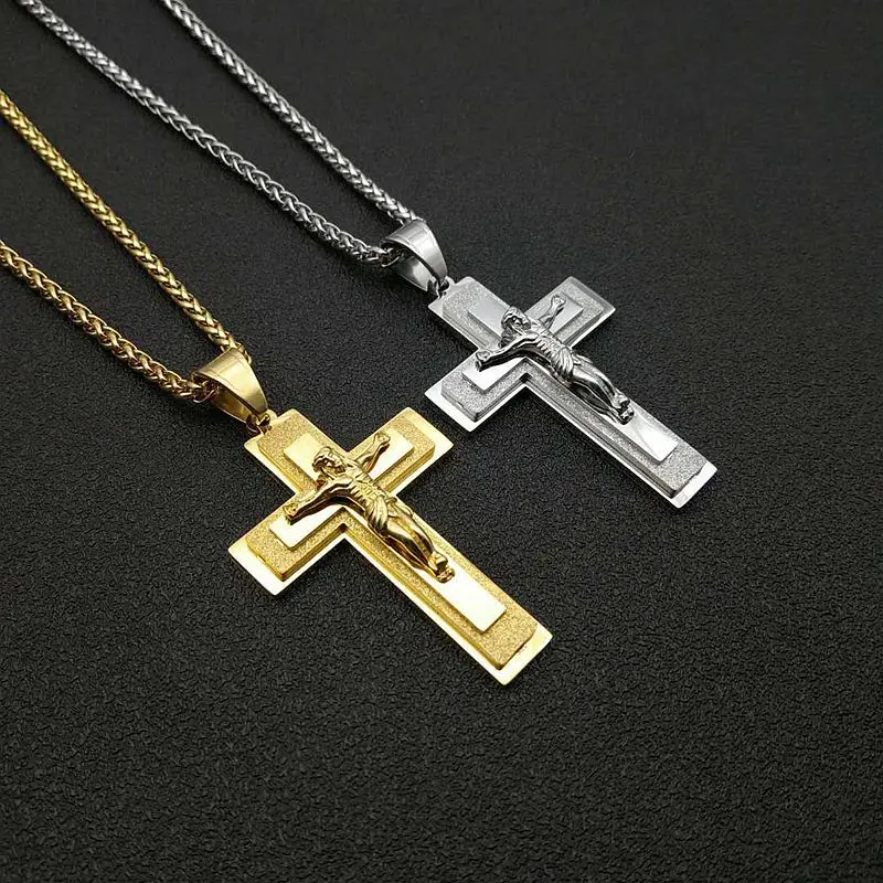 

Hip Hop Gold Silver Color Stainless Steel 3 layers Cross INRI Crucifix Jesus Pendant Necklaces for Men Jewelry Drop Shipping